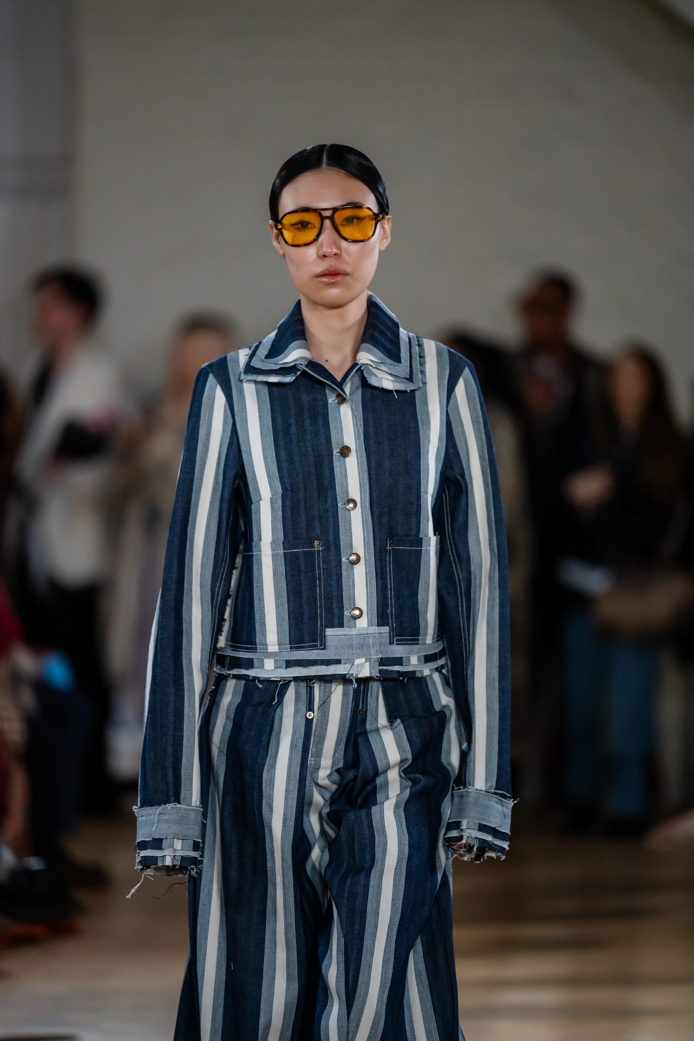 Striped denim runway look